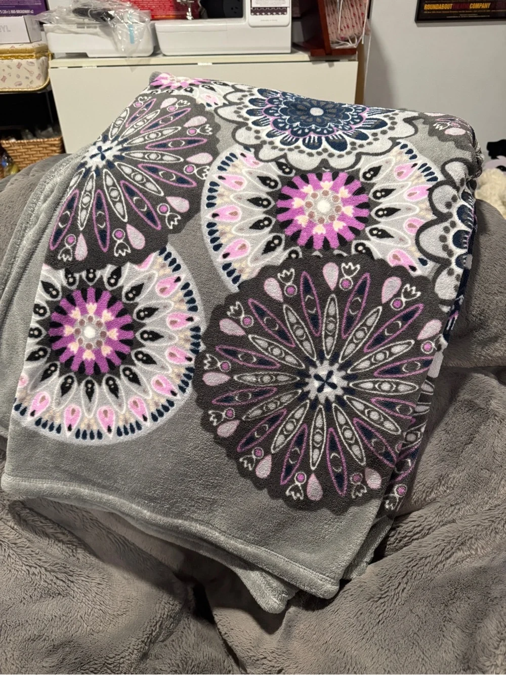 Vera Bradley Grey Throw with Pink & Purple Medallion Design